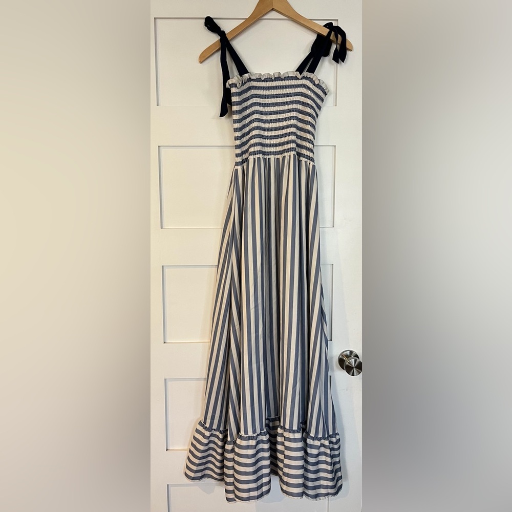 SUMMERSALT The Smocked Maxi Dress Nautical Stripe Nantucket Blue ~ Large